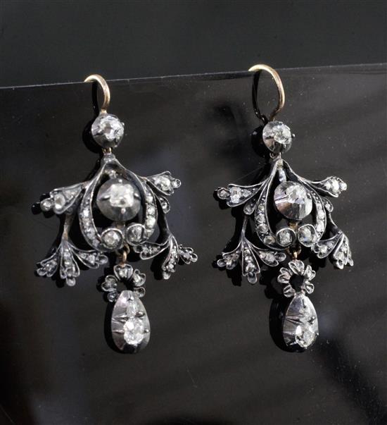 A pair of 19th century gold, silver and diamond drop earrings, 31mm.